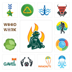 Set of firemen, jellyfish, parachute, revolver, gavel, , cabbage, trekking, woodwork icons