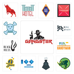 Fototapeta premium Set of gangster, rhino, locomotive, 100 year anniversary, 70 years, handyman, black swan, bike chain, skull and crossbones icons