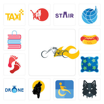 Set of chopper, wolf face, disability, black wolf, , pillow, foot print, hot dog, book shop icons