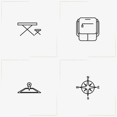 Camping line icon set with camping table , compass and backpack