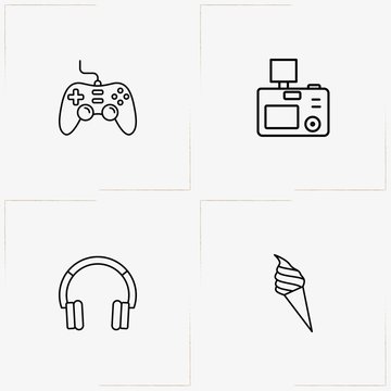 Entertaiment line icon set with game joystick, ice cream and photo camera