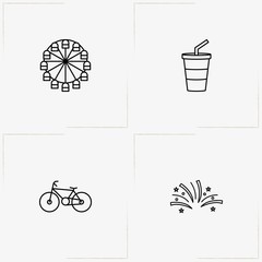 City Park line icon set with ferris wheel, fireworks and juice cup