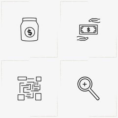 Ecommerce line icon set with money, zoom in and bar code