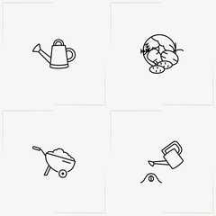 Farm line icon set with wheelbarrow, watering can and vegetables