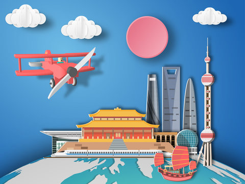 Paper art shanghai ,China infographic . Airplane flying to China .