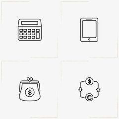 Economics line icon set with currency convert, calculator and wallet