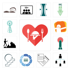 Set of hospitality, distributor, request a quote, discussion board, next steps, penetration, hiker, dab, cell tower icons