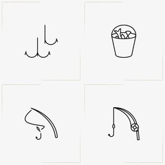 Fishing line icon set with fishing hook, fishing rod and fishes in bucket