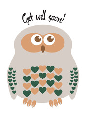 Owl cute character with hearts for feathers greeting card with text  