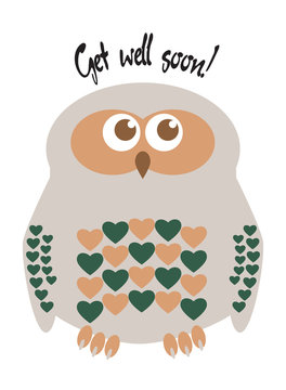 Owl cute character with hearts for feathers greeting card with text  "Get well soon!". Editable labelled layers.