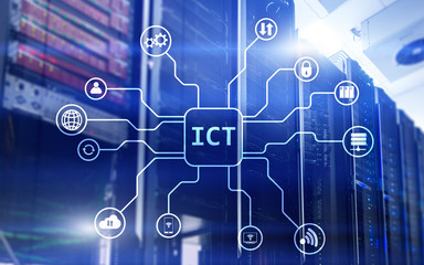 ICT - information and communications technology concept on server room background.?