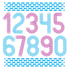 Vector numbers, modern numerals set. Rounded bold retro numeration from 0 to 9 can be used for logo creation. Made with parallel dashed lines.