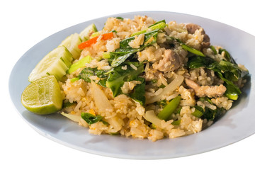 Thai food style , fried rice with pork on white background.Closed up