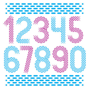 Vector numbers, modern numerals set. Rounded bold retro numeration from 0 to 9 can be used for logo creation. Made with parallel dashed lines.