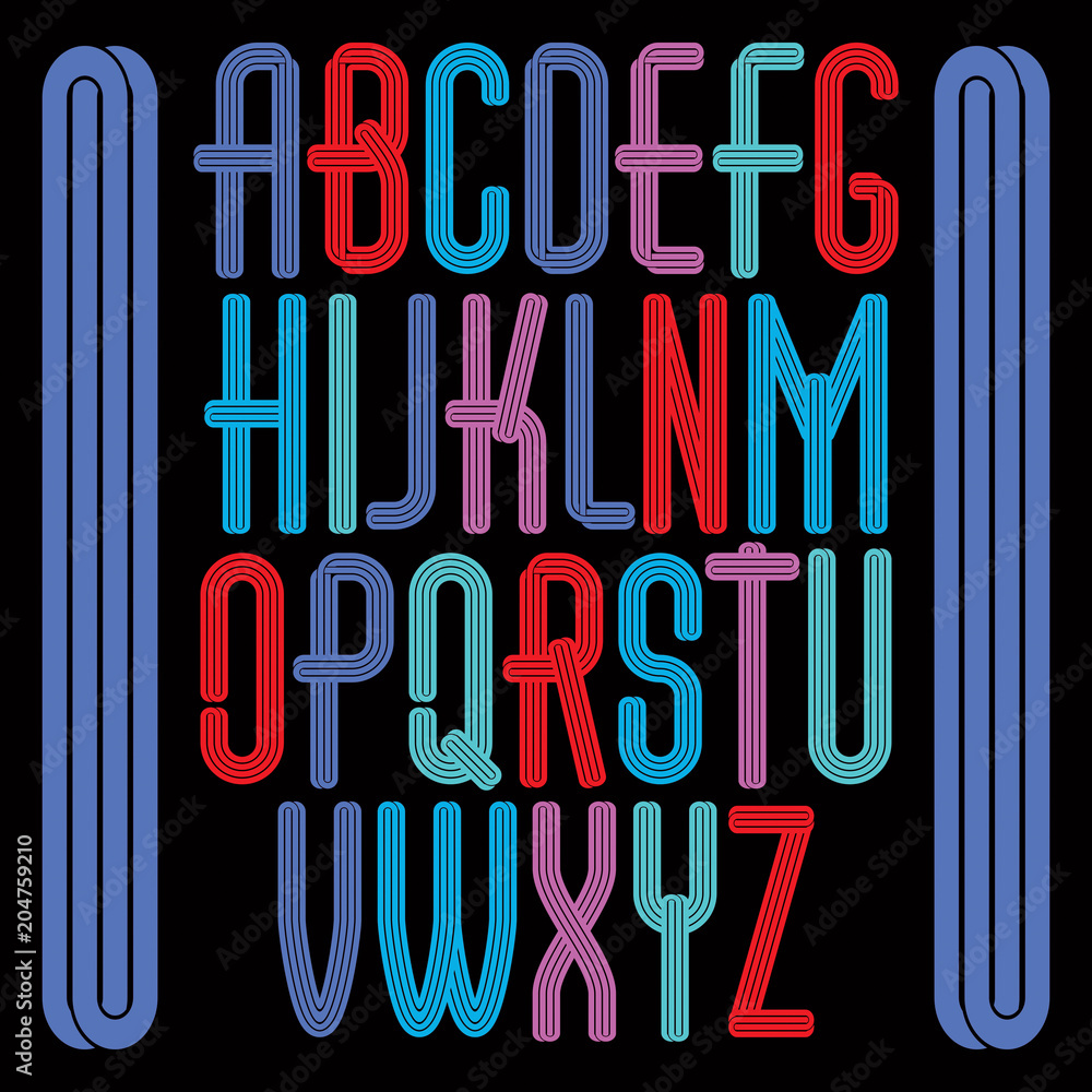 Fototapete set of bright vector tall upper case funky english alphabet letters isolated with parallel lines, fo