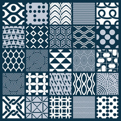 Set of vector endless geometric patterns composed with different figures like rhombuses, squares and circles. Graphic ornamental tiles made in black and white colors.