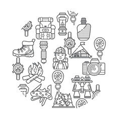 Hiking equipment and forest leasure vector icon set. Mountain hiking and trekking elements. Multitool, lantern, binocular, hiking boots, flask, flashlight, backpack, compass and etc. Line art icons