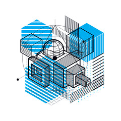 Isometric abstract background with lines and other different elements, vector abstract template. Composition of cubes, hexagons, squares, rectangles and different abstract elements.