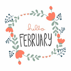 Hello February cute flower wreath vector illustration doodle style