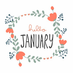 Hello January cute flower wreath vector illustration doodle style