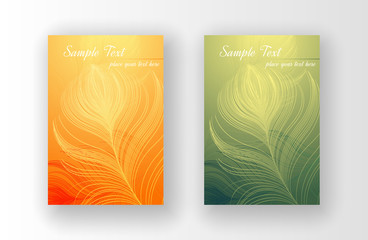 Vector design of leaflets with print of colorful peacock feathers