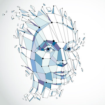 Face of a thinking woman created in low poly style and with connected lines, 3d vector blue wireframe human head, brain exploding which symbolizes intelligence and imagination.