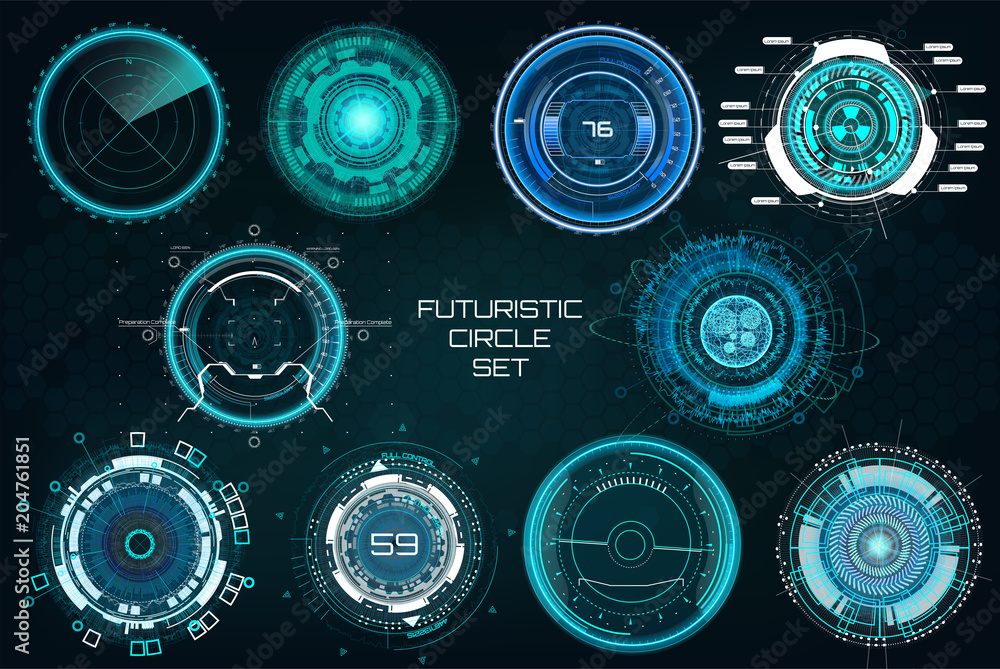 Poster futuristic circles, full color elements set. hud sci fi interfaces (cockpit panels, circulars, dashb