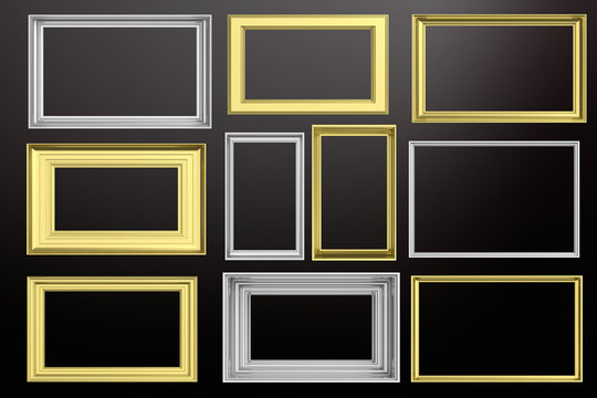 Frames golden and silver isolated on black background copy space, 3d illustration