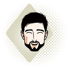 Caucasian man face expressing happiness, vector human head illustration. Attractive bearded male with whiskers.