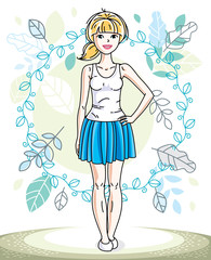 Fototapeta na wymiar Happy young blonde woman posing on background of spring landscape and wearing fashionable casual clothes. Vector attractive female illustration. Springtime fashion and lifestyle theme cartoon.