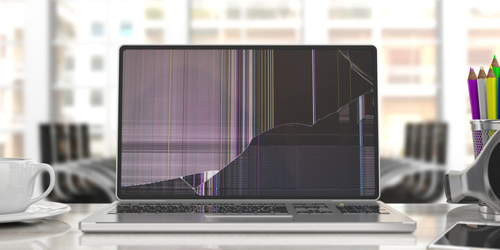 Laptop with broken screen on blur office background. 3d illustration
