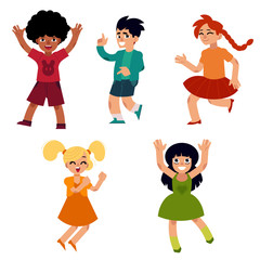 Young boys and girls teens funny dancing. Male, female caucasian and african teenage cheerful character in having fun dancing and smiling cheerfully. Vector flat isolated illustration