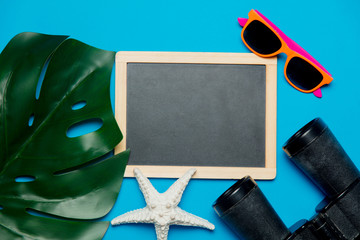 blackboard and palm leaf,binoculars and sunglasses. Objects isolated on blue background