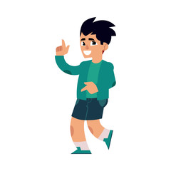 Young man in denim shorts funny dancing. Male caucasian teenage cheerful character in green suit having fun dancing and smiling cheerfully. Vector flat isolated illustration