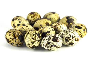 Obraz premium Quail eggs on white background closeup 