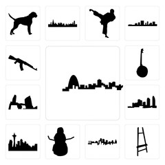 Set of missouri, painter easel, kansas city skyline, snowman, seattle skyline on white background, , long island, banjo, ak47 icons