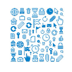 Fototapeta na wymiar Vector pixel icons isolated, collection of 8bit graphic elements. Simplistic digital signs.