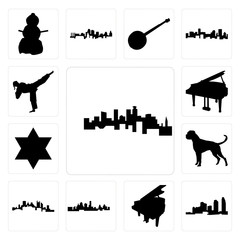 Set of minnesota, long island, grand piano, kansas city skyline, pittsburgh boxer dog, star david, karate kick icons