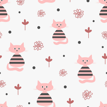 Repeated funny cats, abstract flowers and round dots. Cute seamless pattern. Endless stylish girly print.