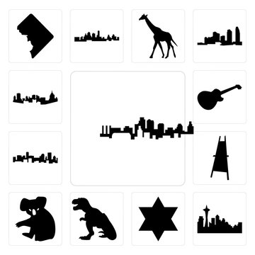 Set of kansas city skyline, seattle skyline on white background, , star david, t rex, koala, painter easel, denver image les paul, pittsburgh icons