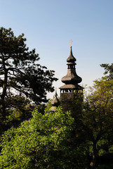 Old wooden church and trees