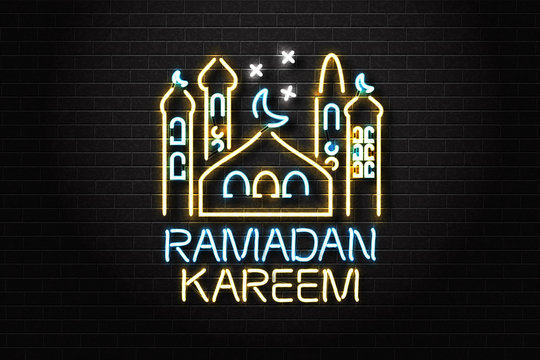 Vector realistic isolated neon sign of Ramadan Kareem logo for decoration and covering on the wall background. Concept of Happy Ramadan Kareem.