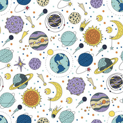 Naadloze patroon met kosmos doodle illustraties.