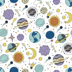 Foto op Plexiglas Naadloze patroon met kosmos doodle illustraties. © trihubova