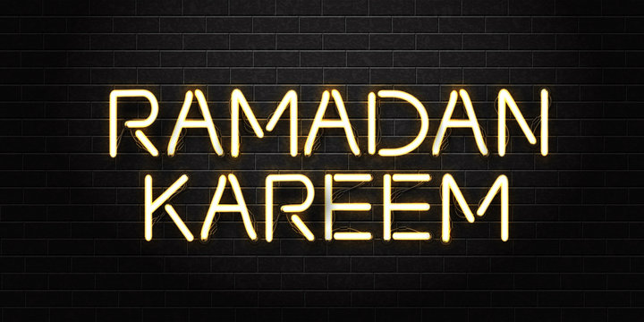 Vector realistic isolated neon sign of Ramadan Kareem logo calligraphy for decoration and covering on the wall background. Concept of Happy Ramadan Kareem.