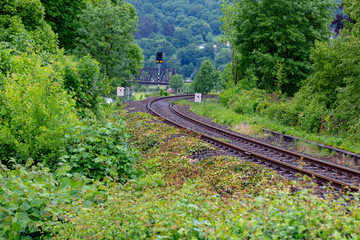 Railway with a stony railbed in the green forest