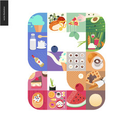 Simple things - meal - flat cartoon vector illustration of ice cream pizza coffe, wine, dessert, berries, bakery, waffle, fruit, watermelon, pancakes, milk, avocado and chocolates - meal composition