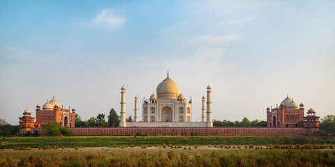 Taj Mahal seen from Mehtab Bagh, an ivory-white marble mausoleum on the south bank of the Yamuna river in Agra, Uttar Pradesh, India. One of the seven wonders of the world.