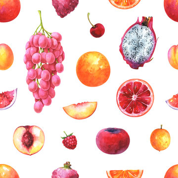 Hand painted seamless exotic fruits pattern. Watercolor grapes, cherry, apricot, orange, raspberry, nectarine, lychee, pitaya, velvet apple, fig, isolated on white background