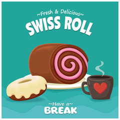 Vintage food poster design with vector Swiss roll, donuts, coffee.